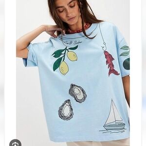 NWT Sold Out Free People Denim And Bone Oyster Blue Dinner Party Tee Size M